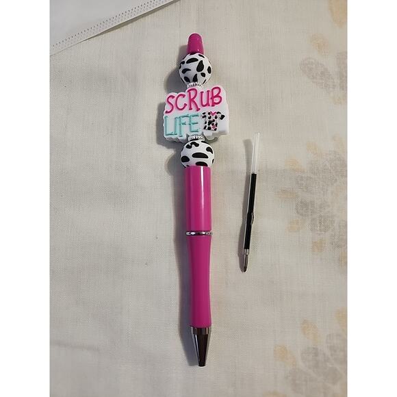 Bead Pen Scrub Life Nurse Silicone Beads Pink Black White Print Extra Ink Cartri - Picture 1 of 4
